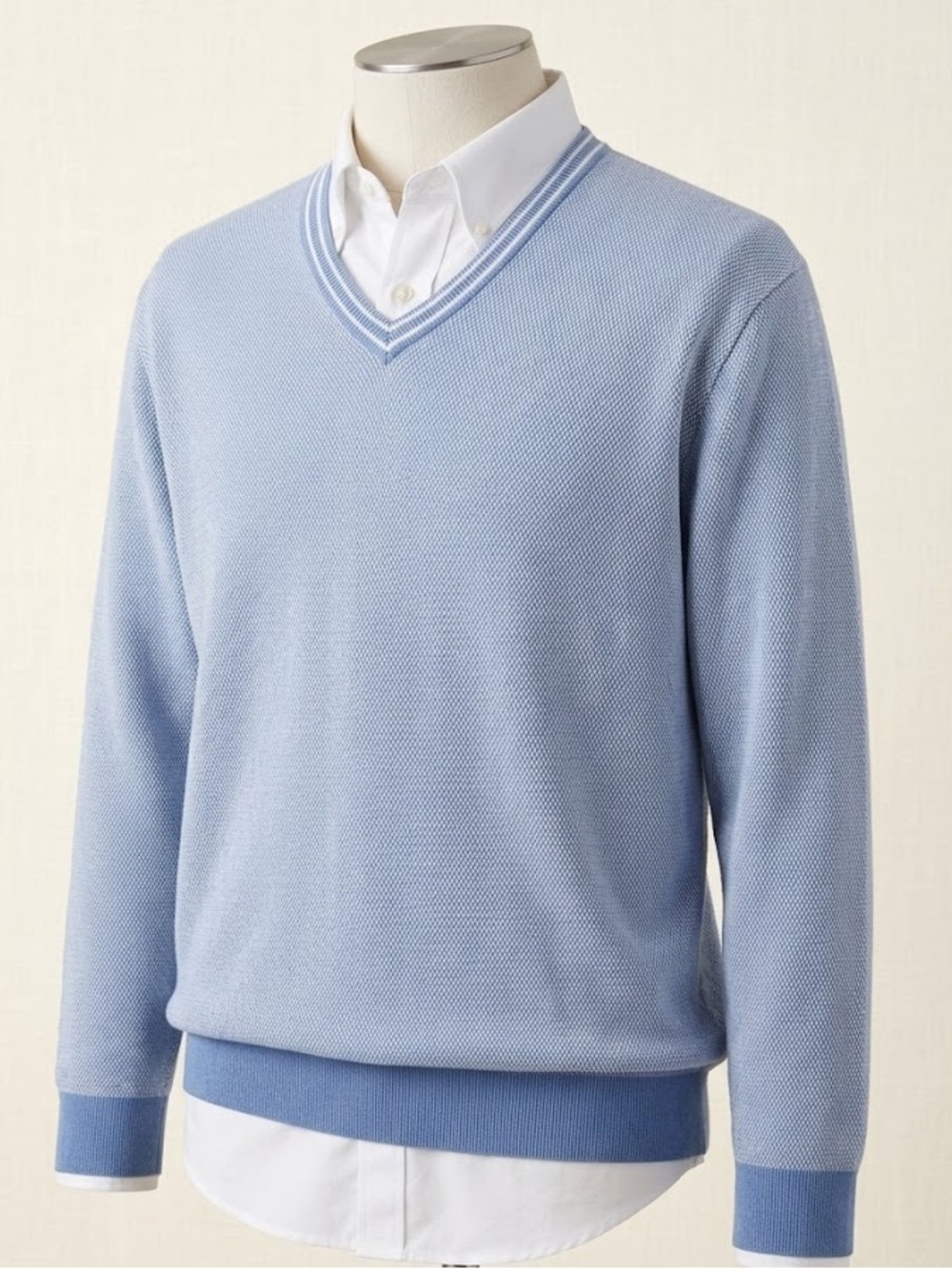 Vintage Brooks Brothers Pima Cotton V-Neck Sweater XXL Blue White Textured Knit